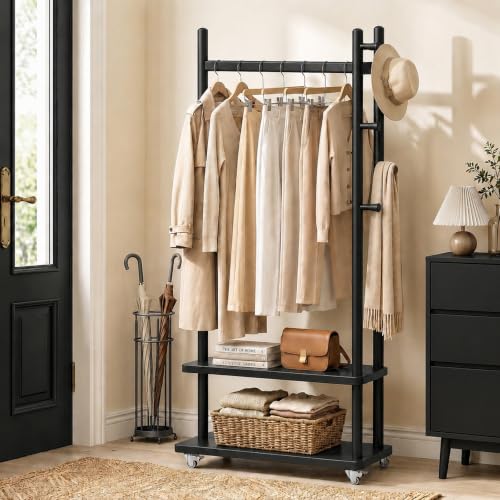 Coat Rack Solid Wood Stand Storage 2 Shelves 4 Hooks Black | Entryway hallway bedroom living room, durable wood construction, freestanding design, coats hats bags garments - size: Black - L:24.8''D×13''W×71''H (With Wheels)