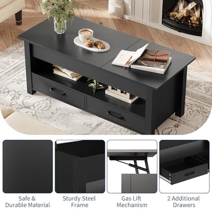 Multifunctional Lift Top Coffee Table, Convertible Wooden Coffee Table with 2 Drawers & Hidden Compartment, Storage Center Table for Living Room Home Office,Black - color: Black