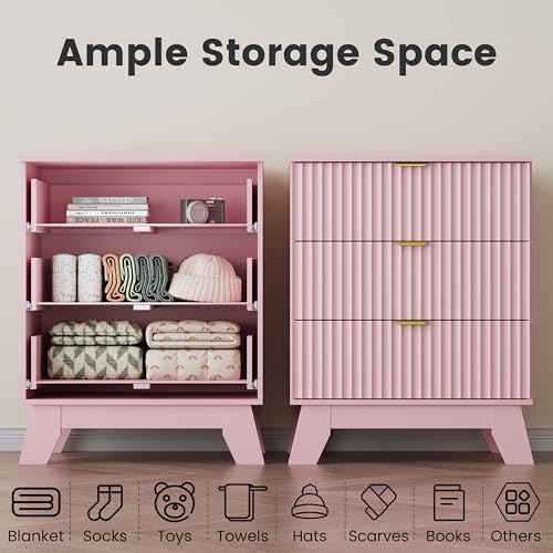 Pink Night Stand with 3 Drawers, Bedside Table & End Table, 24" Wide Mid Century Modern Fluted Wood Nightstand with Metal Handles, Farmhouse Night Stands for Bedroom - color: Pink, style: 3 Drawers