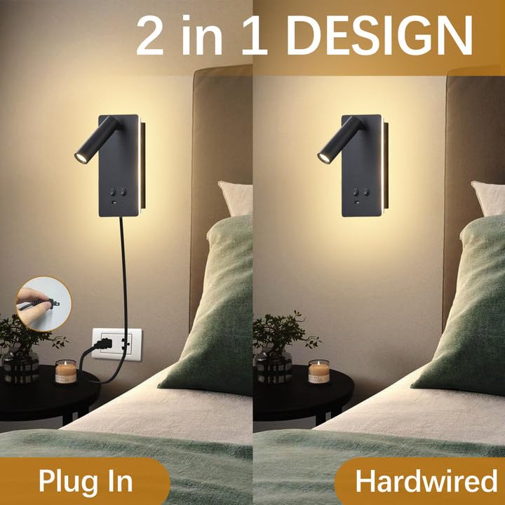 MOLUOLA LED Wall Lamp Wall Mounted Reading Lights, Adjustable Headboard Plug in Wall Sconce with USB C+A Ports, Headboard Bedside Lamp with 9W+3W Night Light 3000K (Black) - color: Black, size: 1 Pack