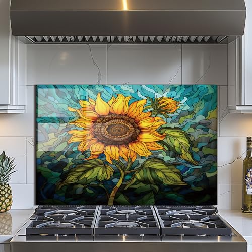 Evgosm Tempered Glass Backsplash for Kitchen， Stove Splashback, sunflower Glass Backsplash, Used for Kitchen Wall Protection and Decoration, Easy to Install and Clean. (30x20'') - size: 30"L x 20"W, style: sunflower