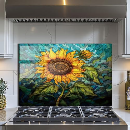 Evgosm Tempered Glass Backsplash for Kitchen， Stove Splashback, sunflower Glass Backsplash, Used for Kitchen Wall Protection and Decoration, Easy to Install and Clean. (30x20'') - size: 30"L x 20"W, style: sunflower