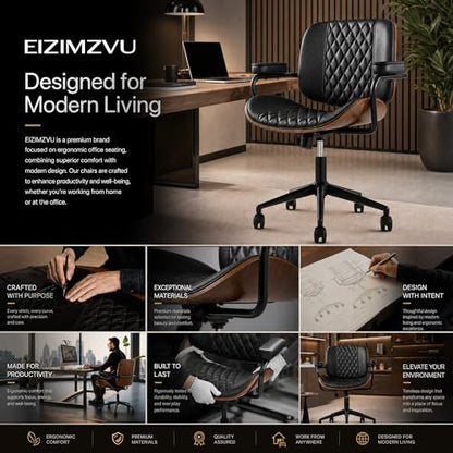 Home Office Desk Chair with Wheels, Armless Adjustable Height PU Leather Office Chair, Mid Back Ergonomic Computer Chair, Walnut Curved Seat Design No-Arm Chair (GX-9006-Armrests-Black) - color: Gx-9006-armrests-black