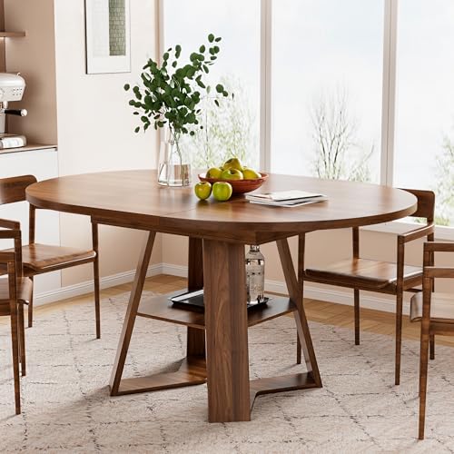 43.3"-59" Extendable Round Oval Dining Table for 4-8 with Storage Shelf | Modern Kitchen Oval Dining Table with Removable Leaves,Space Saving Extendable Table Wood Base for Kitchen Living Room Walnut - color: Walnut Style 3