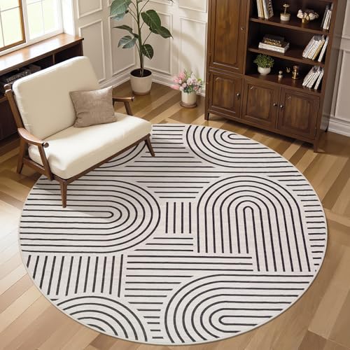 ROYHOME Modern 4ft Round Washable Rug for Living Room Non Slip, LightCamel | Abstract Area Rug for Bedroom, Rainbow Throw Rugs with Rubber Back, Low Pile Stain Resistant Geometric Carpet for Dining Room - color: Light Camel, size: 4' (Round)