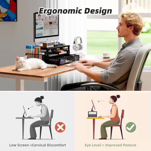 Simple Trending 2-Tier Monitor Stand Riser, Desk Organizer, Drawer, Black | Laptop & Printer Stand, Desktop Organizer, Drawer & 2 Pen Holders, Sturdy Material, for Home Office, 16"W x 10"D x 5.8"H - size: 16"W x 10"D x 5.8"H