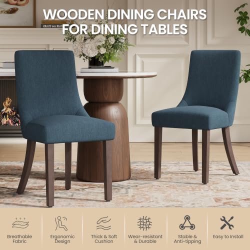 MALOL Wooden Dining Chairs Set of 6, Upholstered Kitchen & Dining Room Chairs with Solid Wood Legs Curved Backrest Farmhouse Accent Chair for Dining/Kitchen/Living Room, Blue - color: Blue, size: Set of 6