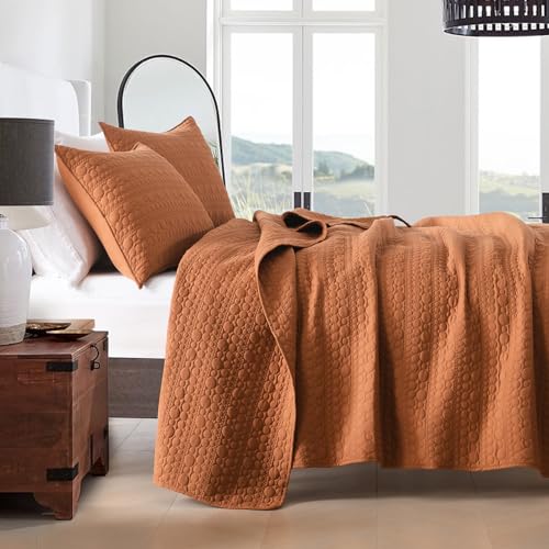 HORIMOTE HOME Quilt Set Queen Size Burnt Orange, Classic Geometric Spots Stitched Pattern, Pre-Washed Microfiber Chic Rustic Look, Ultra Soft Lightweight Quilted Bedspread for All Season, 3 Pieces - color: Burnt Orange, size: Full/Queen