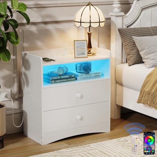 Nightstand with Charging Station and LED Light, White | Modern Nightstand, USB Ports, Outlets, Wood Bedside Table, 2 Storage Drawers, Small Dresser, Bedroom, Small Space - color: White, size: 1 Pack