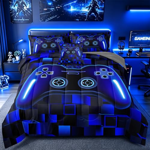 5 Pieces Boys Twin Size Gaming Comforter Set, Blue 3D Cool Video Game Controller Bed in a Bag with Sheets, Soft Lightweight Microfiber Gamer Bedding for Kids Teens, All Season Room Decor Twin52 - color: Blue 52, size: Twin