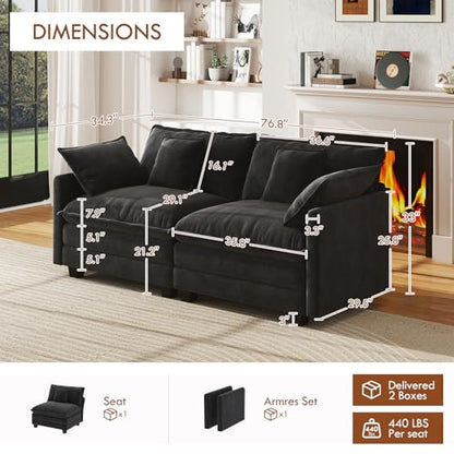 77" Cloud Sofa Loveseat, Comfy Sectional Couch, 2-Seater Chenille Deep Seat Sofa with Throw Pillows for Living Room Bedroom Apartment (Black) - color: Black, size: 77" Sofa