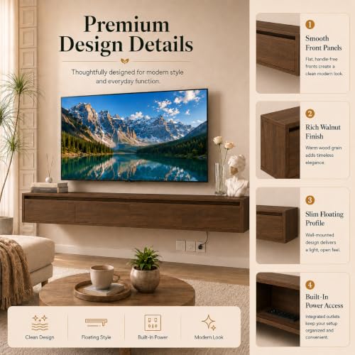 Brown Floating TV Stand Wall Mounted, 72.8" Media Console | Fits Up to 80* TV, Brown finish, midcentury modern tv stand. - color: Brown-c