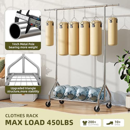 Simple Trending Heavy Duty Clothes Rack, Extendable Clothing Rack, Chrome | Double Rod Garment Rack, Freestanding Portable Closet, with Wheels & Shelf, Adjustable Middle Rod, for Bedroom, Laundry - size: 17"D x 61.25"W x 74.25"H