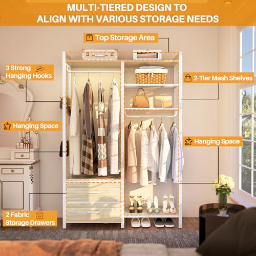 78.7'' Clothes Rack for Hanging Clothes - Reversible Clothing Rack with 2 Drawers, Heavy Duty Garment Racks with Shelves, 6 Tiers Freestanding Closet Wardrobe System with Hanging Hooks, White Oak - color: White Oak, size: 45.3"W