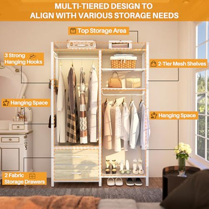 78.7'' Clothes Rack for Hanging Clothes - Reversible Clothing Rack with 2 Drawers, Heavy Duty Garment Racks with Shelves, 6 Tiers Freestanding Closet Wardrobe System with Hanging Hooks, White Oak - color: White Oak, size: 45.3"W