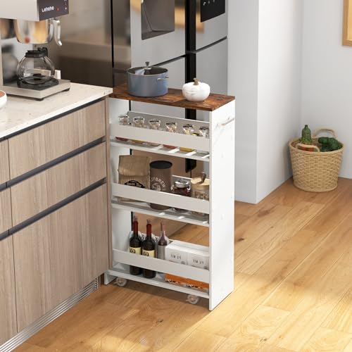 GIANTEX 4-Tier Rolling Slim Storage Cart, 8" Narrow Slide Out Kitchen Cart | Space-Saving Compact Mobile Utility Trolley with Handle & Open Shelves for Small Space, Laundry Room (White & Natural) - color: White & Natural, size: 8"W