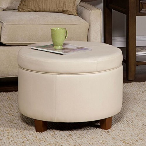 HomePop Round Leatherette Storage Ottoman with Lid, Ivory Large - color: Cream Faux Leather