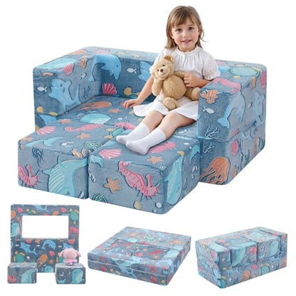 MeMoreCool Glow Modular Kids Couch, Denim Mermaid | modular foam seating, removable washable cover, mermaid glow design, lightweight pieces, playroom furniture - color: Denim Mermaid