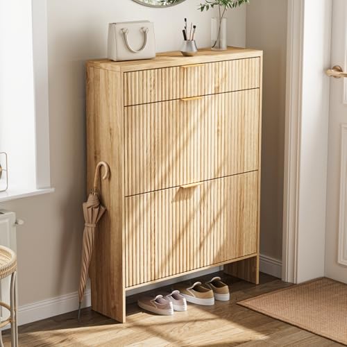 Fluted Shoe Cabinet Storage with 2 Flip Drawers & 1 Drawers, Wood Narrow Hidden Shoe Cabinet with Adjustable Shelf for Entryway, Freestanding Slim Shoe Rack Organizer for Foyer Hallway Living Room - color: Natural Oak, size: 3drawers
