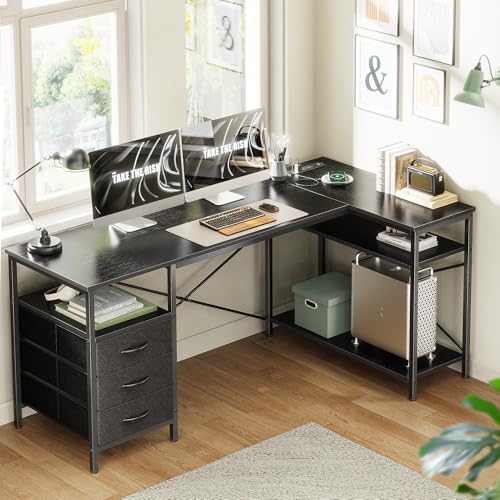 Huuger L Shaped Office Desk with Power Outlets & 3 Drawers | 55 Inch Computer Desk with Shelves, Reverisble for Gaming Corner Work Home Office Study, Black - color: Black, size: 55inch