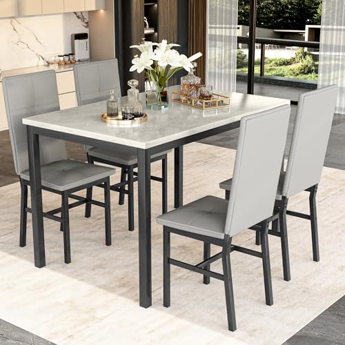 Hooseng Dining Table Set for 4, Faux Marble Small Kitchen Table with 4 PU Leather Chairs, Modern 5 Piece Dinner Table Set for Dining Room, Breakfast Nook, Samll Space, Grey - color: Grey