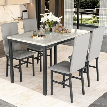 Hooseng Dining Table Set for 4, Faux Marble Small Kitchen Table with 4 PU Leather Chairs, Modern 5 Piece Dinner Table Set for Dining Room, Breakfast Nook, Samll Space, Grey - color: Grey
