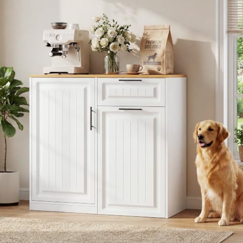 ZIFTY Pull Out Trash Can Cabinet with Storage, 13 Gallon Trash Can, White | Pet Proof, Freestanding Kitchen Cabinet, Drawer & Adjustable Shelf, Garbage Recycling, Modern Farmhouse Waste Bin Furniture - color: White, size: 34.3"W X 16.3"D X 33.5"H