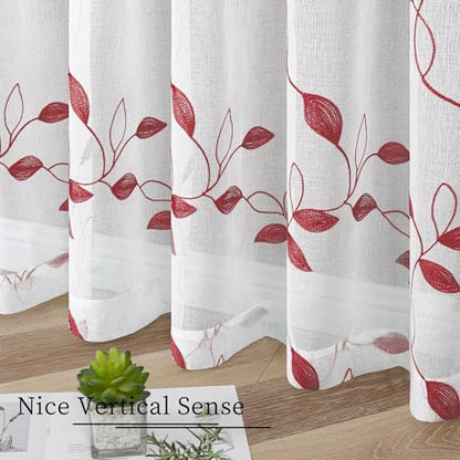 Tollpiz Burgundy Red Leaf Sheer Tier Curtain Kitchen 30 x 36 Inches | Leaves Embroidered Curtains Rod Pocket Voile Bathroom Window Treatment for Cafe, Set of 2 Panels - color: Burgundy Red, size: 30"W x 36"L (Pack of 2)