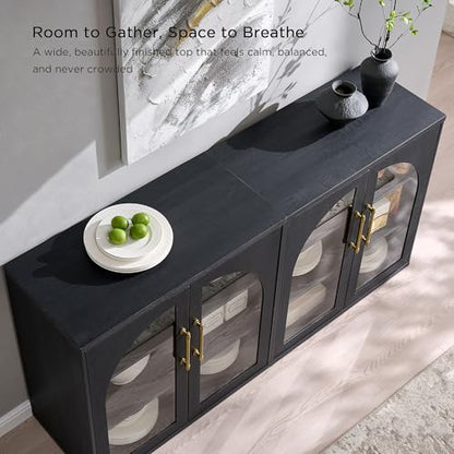 Glass Arched Door Sideboard Buffet Cabinet Set of 2, Black | Modular, Multi-Compartment Storage, Adjustable Shelf, Soft Close Hinges, Freestanding, for Dining Room, Living Room - color: Black