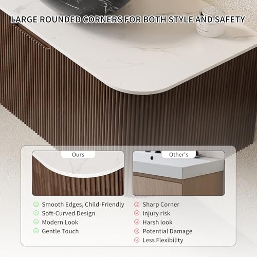 24” Floating Bathroom Vanity with Sink, Fluted Wall-Mounted Solid Wood Cabinet, Black Marble-Patterned Bowl Basin, Faux Marble Top, Soft-Close Drawer, Pre-Assembled, Walnut Woodgrain - color: 05 - Walnut Woodgrain, size: 24"