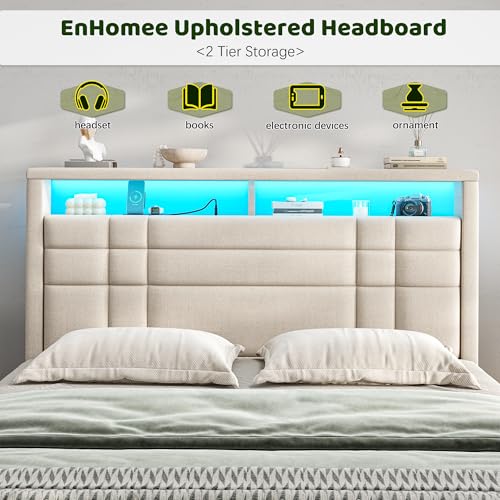 EnHomee Full Upholstered Bed Frame with Charge Station & LED Lights, Beige | 2-Tier Shelves Headboard, 12" Under-Bed Storage Space, Noise-Free, No Box Spring Needed, Easy Assembly - color: Beige, size: Full