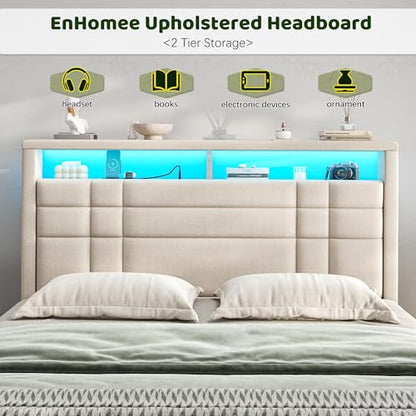 EnHomee Full Upholstered Bed Frame with Charge Station & LED Lights, Beige | 2-Tier Shelves Headboard, 12" Under-Bed Storage Space, Noise-Free, No Box Spring Needed, Easy Assembly - color: Beige, size: Full