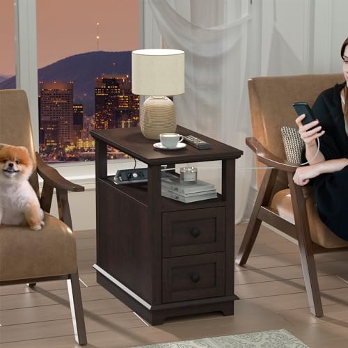 HIFYOBRO Narrow End Table with Flip Top Charging Station & 2 Drawers | Couch Side Table, Type-C USB Ports & Power Outlets, Nightstand for Living Room Bedroom - color: Cherry, size: 1 Piece