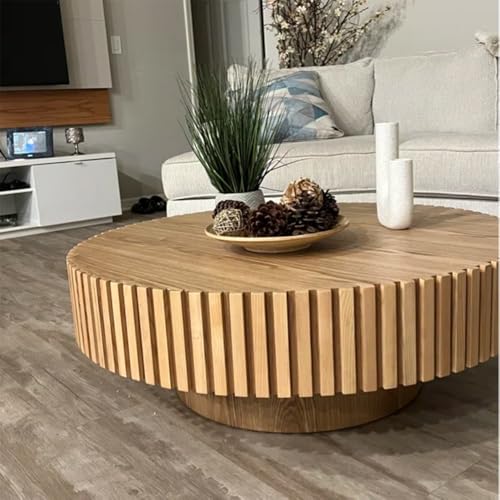 31.49''Round Coffee Table for Living Room, Modern Wood Nesting Coffee Table Handcraft Circle Fluted Drum Coffee Table, Easy Assembly,Oak - color: Oak, size: 31.49"x17.91"x13.77"