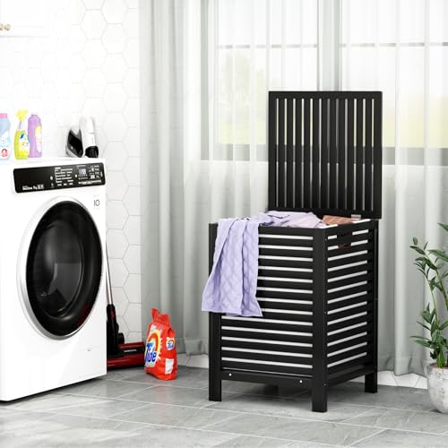 Bamboo Laundry Hamper with Lid, 120L Large Clothes Laundry Sorter with Removable 2-Section Liner Bag, Raised Laundry Basket Organizer for Clothing, Bathroom, Bedroom, Laundry Room, Black - color: Black