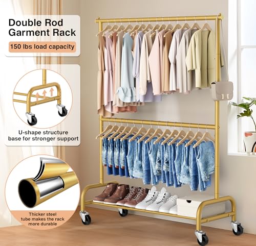 MISSLO Gold Clothing Racks for Hanging Clothes Heavy Duty Clothes Rack Double Garment Rack Metal Rolling Coat Rack Closet Wardrobe Rack on Wheels - color: Gold