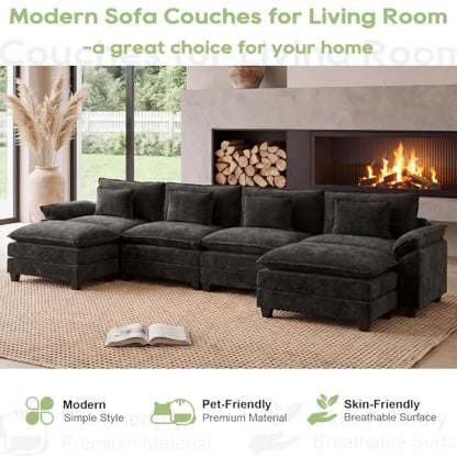 154" Modular Sectional Sofa, Comfy Deep Cloud Couch with Ottoman | U-Shaped Couches for Living Room, Modular Couch, Deep and Wide Seat, Chenille Sofa Sleeper with Throw Pillows, Black - color: Black, size: 154 Inch U