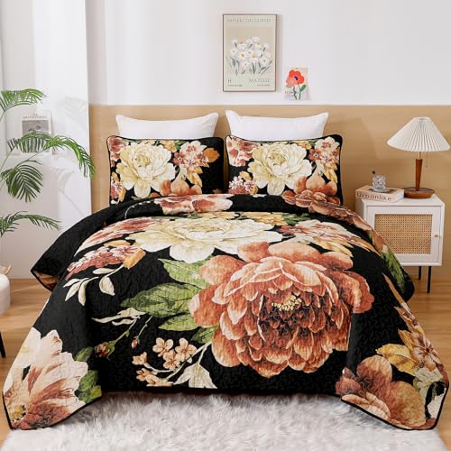 WONGS BEDDING Black Boho Floral Quilt Set Queen, Elegant Gold Flower Bedspread Coverlet Set for All Season, 3 Pieces Farmhouse Lightweight Reversible Bedding Set with 2 Pillow Shams 96"X90" - color: Black Boho, size: Queen 90"×96"