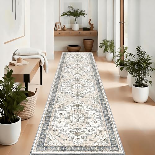2x10 Non-Slip Washable Boho Kitchen Runner Rug | Faux cashmere, barefoot comfort, slip-resistant on tile/wood, machine washable, versatile use for kitchen, hallway, entryway - color: Beige, size: 2'x10' Extra Long