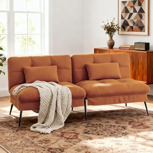 COMHOMA 72″ Convertible Futon Sofa Bed, Adjustable Backrest, Orange | Breathable Fabric Futon Couch with Pillows,Multi-angle Ergonomic Reclining,Space-saving Sleeper Sofa for Living Room - color: Orange