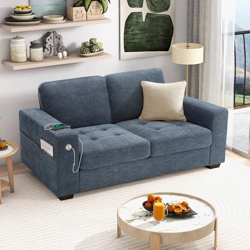 Hanherry 70" Loveseat Sofa for Living Room, Modern Comfy Couch with Medium Firm Seat Cushion, Removable Cover,Wide Armrest,USB/Type-C Port,Chenille Fabric Couches for Small Space,Apartment,Bedroom - color: Blue, size: 70 Inch