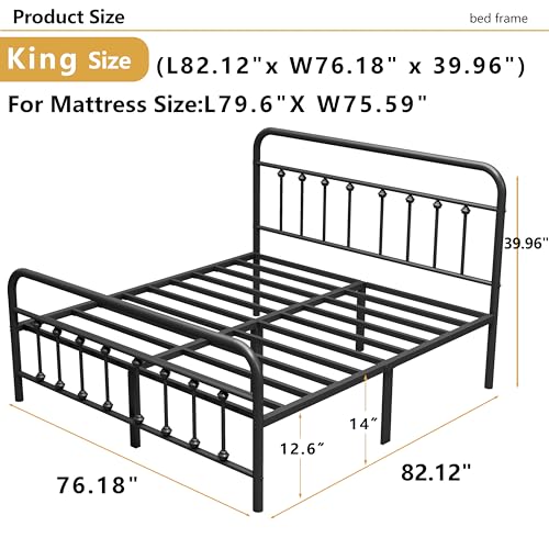 Vengarus King Metal Bed Frame with Victorian Headboard & Footboard, Black | 14" King Metal Platform Frame, Heavy Duty Steel Slat Support, Noise Free, No Box Spring Needed, Easy Disassembly & Transport - size: King Size