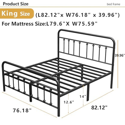 Vengarus King Metal Bed Frame with Victorian Headboard & Footboard, Black | 14" King Metal Platform Frame, Heavy Duty Steel Slat Support, Noise Free, No Box Spring Needed, Easy Disassembly & Transport - size: King Size