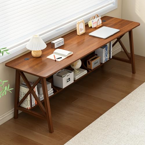 NELYE Extra Long Writing Desk with Bookshelf, 71" Wx20 Dx30 H, Walnut | Wooden Home Office Work Study Table, Computer Gaming Workstation with Storage Shelf, Sturdy MDF Resists Wobble - color: Walnut, size: 71"W20"D