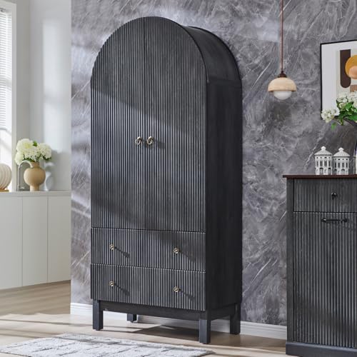 IFGET 71" Tall Arched Pantry Cabinet, Fluted Kitchen Storage Cabinet with Adjustable Shelves and 2 Large Drawers, Freestanding Morden Versatile Cupboard for Living Room, Bathroom, Dark Gray - color: Dark Gray
