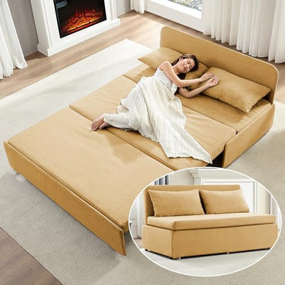 BALUS 43" W Queen Size Sleeper Couch Bed Pull Out Sofa with Pullout Beds, 2 in 1 Convertible Linen Single Sleepers Sofas Chair with Foldable Mattress and Pillows for Small Space Apartment, Yellow - color: Yellow, size: Queen