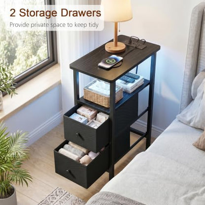 Narrow End Table with Charging Station, Small Nightstand | Skinny Side Tables Living Room with 2 Fabric Drawers, Bedside Table with LED Lights for Bedroom, Small Spaces, Black - color: Black, size: 23.22''H (2 Drawers), style: Power + Light