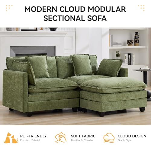 76'' Cloud Deep Seat Loveseat Sofa, Upholstered Chenille Modular 2-Seats Sectional Sofa Couch with Movable Ottoman, Modern Comfy Settee Loveseat for Living Room Set, Small Apartment, Green - color: Green, size: 76'' L Shape