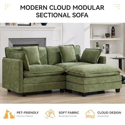 76'' Cloud Deep Seat Loveseat Sofa, Upholstered Chenille Modular 2-Seats Sectional Sofa Couch with Movable Ottoman, Modern Comfy Settee Loveseat for Living Room Set, Small Apartment, Green - color: Green, size: 76'' L Shape