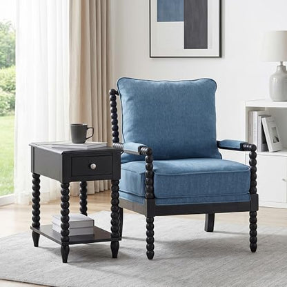 DUHOME Linen Fabric Spindle Accent Chairs Set of 2 with Wood Frame,Modern Accent Spool Chairs with Padded Spring Seat and Brushed Blue Base for Living Room Bedroom Farmhouse Home Office Belcony - color: Black+blue, size: 2 pcs